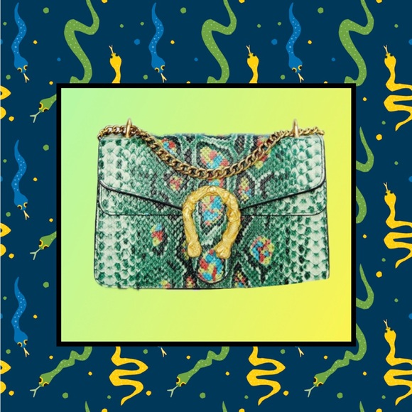 The Unbranded Brand Handbags - Luxury Green SnakeskinVegan Leather Gold Chain Purse Crossbody Satchel Bag